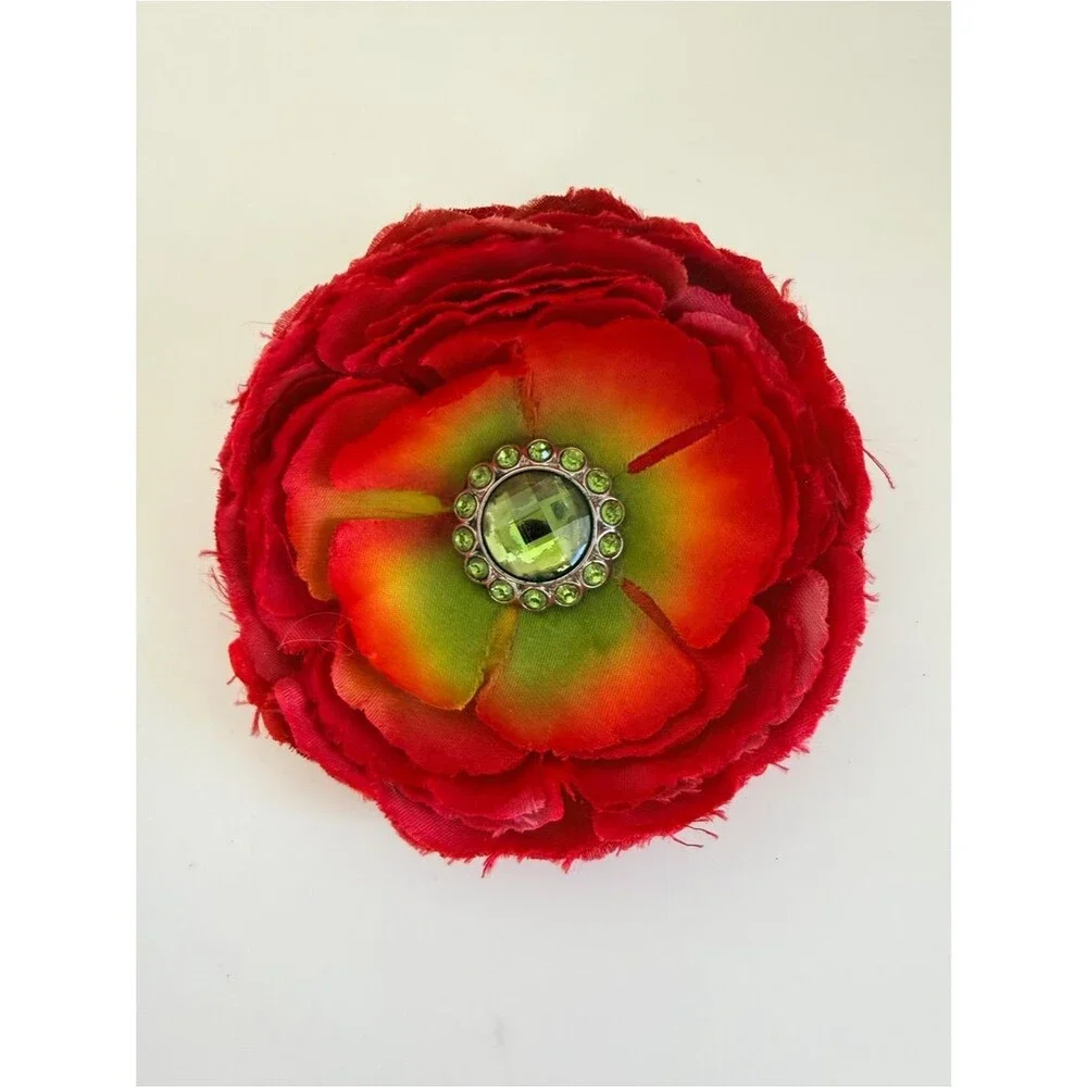 Red Flower Hair Clip Green Rhinestone Center Large Floral Statement Accessory